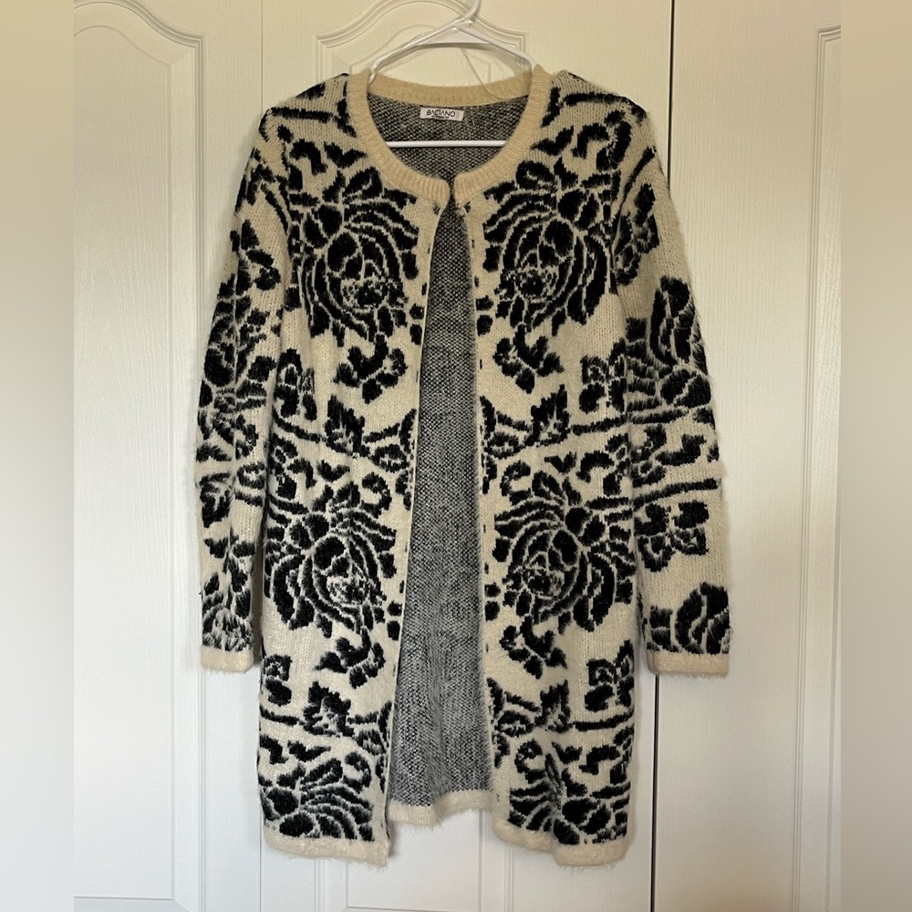 baciano black and white long cardigan size small